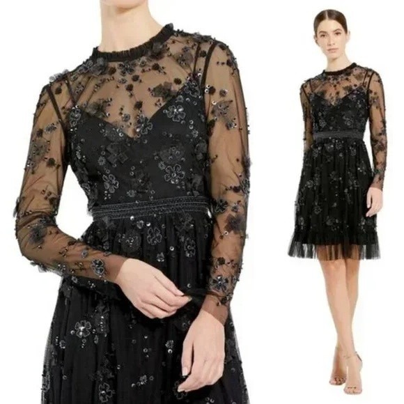 Mac Duggal Dresses & Skirts - NWT Mac Duggal Black Sheer Long Sleeve Embellished Mini Dress 9140 Size 2